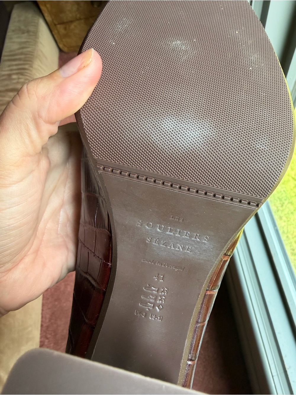 Sezane Brown Leather Croc Embossed T Bar Block Heels- Size 10US - Picture 6 of 7